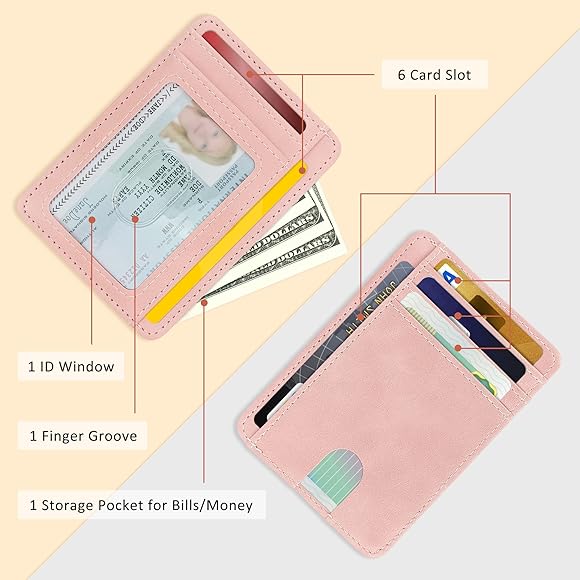 Slim Mini Wallet Women's Small Leather Minimalist Credit Card Holder Wallet with RFID Protection, Pink, Minimalist