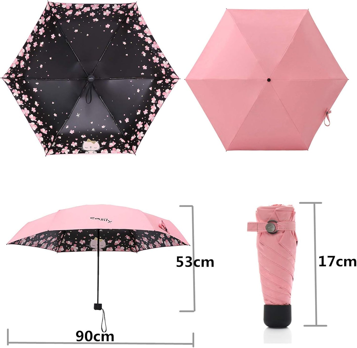 Compact Folding Umbrella with UV Protection, Portable Umbrella, Pink for girls