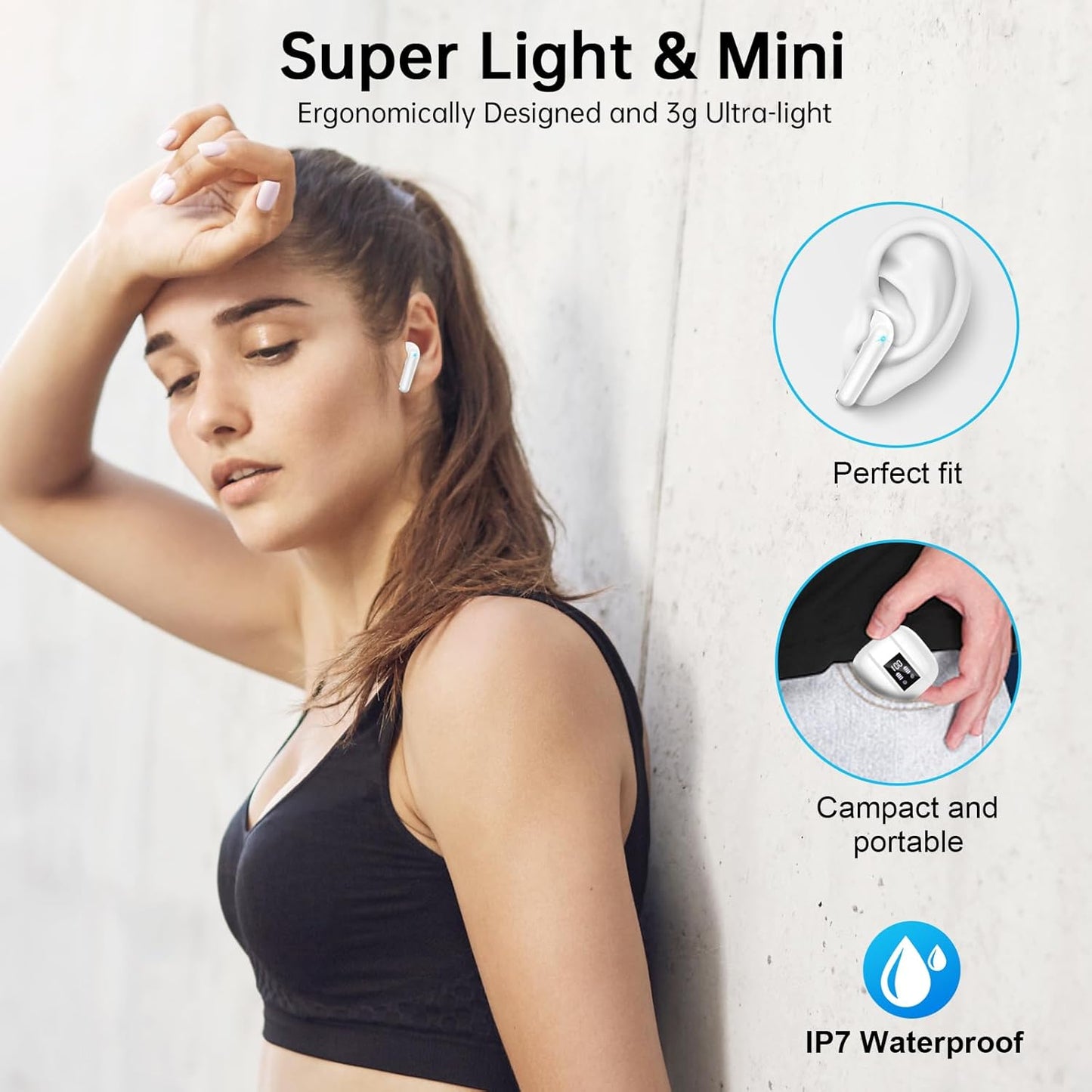 Wireless Earbuds, Bluetooth 5.3, Hi-Fi Stereo, 3g in Ear with 4 ENC Mic, 48Hrs USB-C LED Mini Charging Case Ear Buds, IP7 Waterproof Sport Earphones for Android iOS [2023]