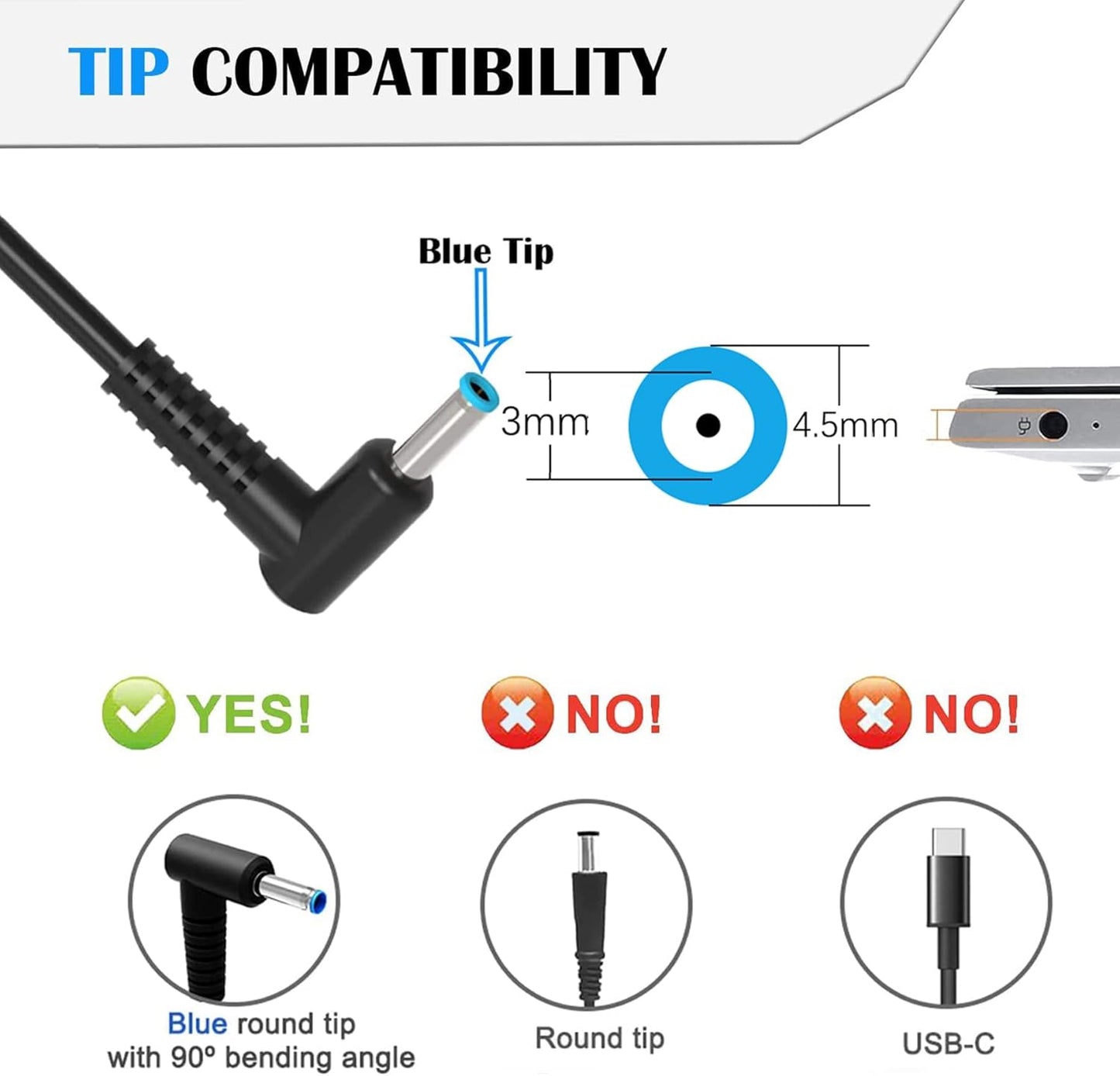 Laptop Charging Cable 45W for HP Elitebook 840 850 Probook 430 440 450 455 470 250 G3 G4 G5 G6 G7 Pavilion Spectre Envy X360 11 13 15 19.5V 2.31A Power Supply Charger Notebook Charger 45W