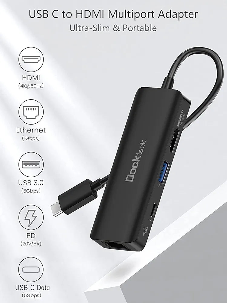 Dockteck USB C Dock, USB C to LAN Ethernet RJ45 Network Adapter, Adapter 4K 60Hz HDMI + 100W PD + USB C Data Ports + USB 3.0, for MacBook Pro/Air M1 2021, iPad Pro/Air 4/Air 5 and More