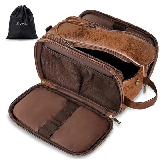 Men's Toiletry Bag, Polyurethane (PU) Leather, Large Waterproof Travel Toiletry Bag, Wash Bag, Cosmetic Bag with a Wet and Dry Bag Leather, dark brown