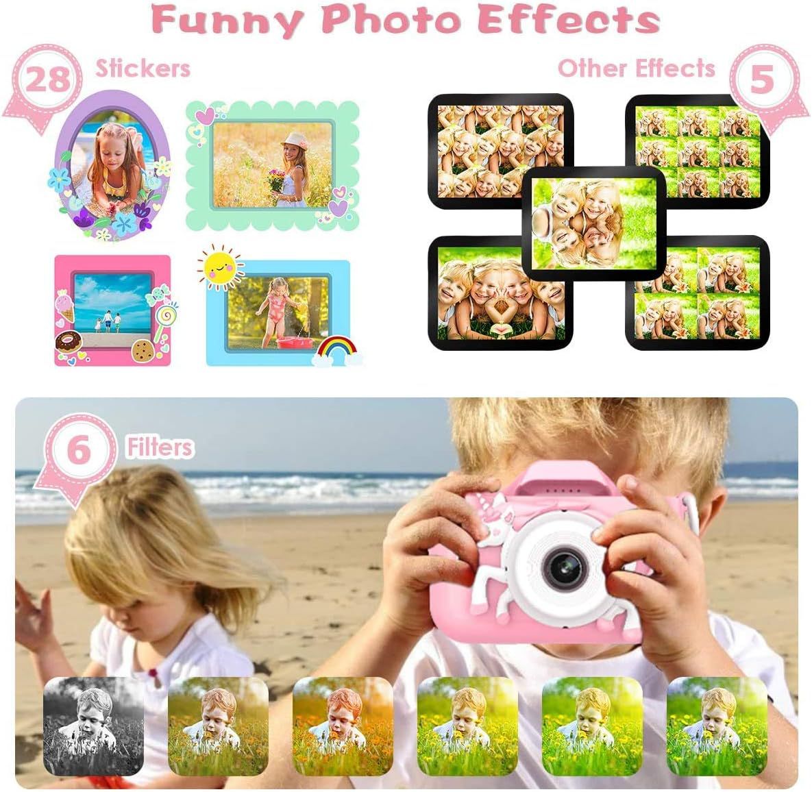 Children's Digital Camera, 20MP, 1080P HD, Double Lens, Selfie Camera, 8X Zoom, Automatic Shut-Off, 32GB TF Card, 2 Inch Children's Camera, Pink