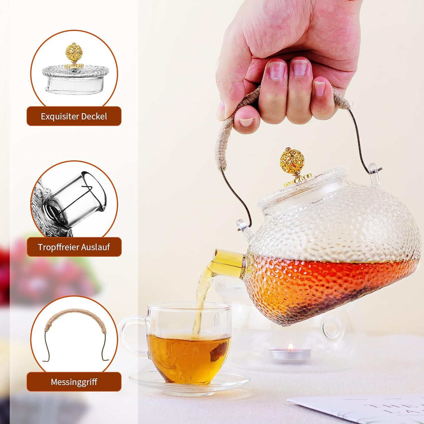 Glass Teapot with Infuser, Teapot Glass Teapot with Stove Safe, Blooming and Loose Leaf Tea Maker Set (850 ml + 6 (100 ml) + Tea Cosy)