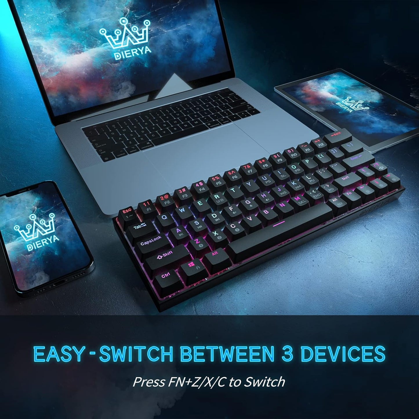 RGB Mechanical Keyboard, 63 Keys Bluetooth 4.0, LED Backlight, Wireless USB, Wired Gaming Computer Keyboard for Multiple Devices, Mobile Phone Android Mobile Phone PC Laptop