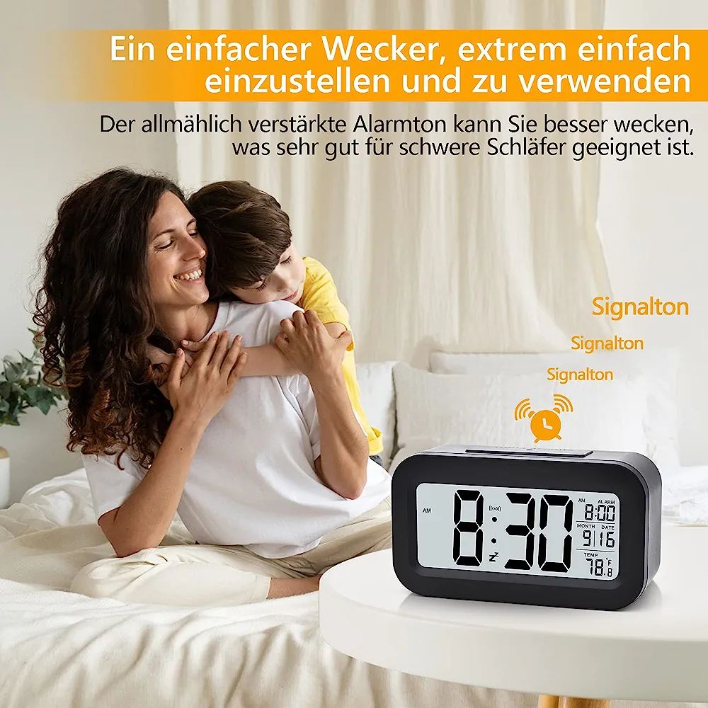 Digital Alarm Clock LED Touch Sensor Backlight With Time Temperature Date, Black