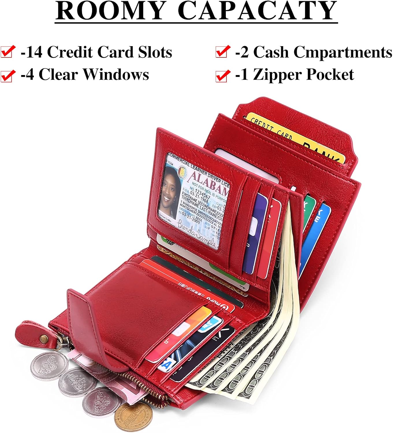 Women's Small Purse Women's Genuine Leather with 14 Card Slots RFID Blocking with Coin Pocket Small Purse, Large Red