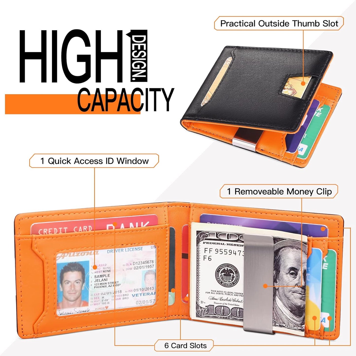 Men's Wallet with Money Clip and 7 Card Slots Slim Small Wallet Men's RFID Protection Genuine Leather Credit Card Holder, Black with orange, Fashionable