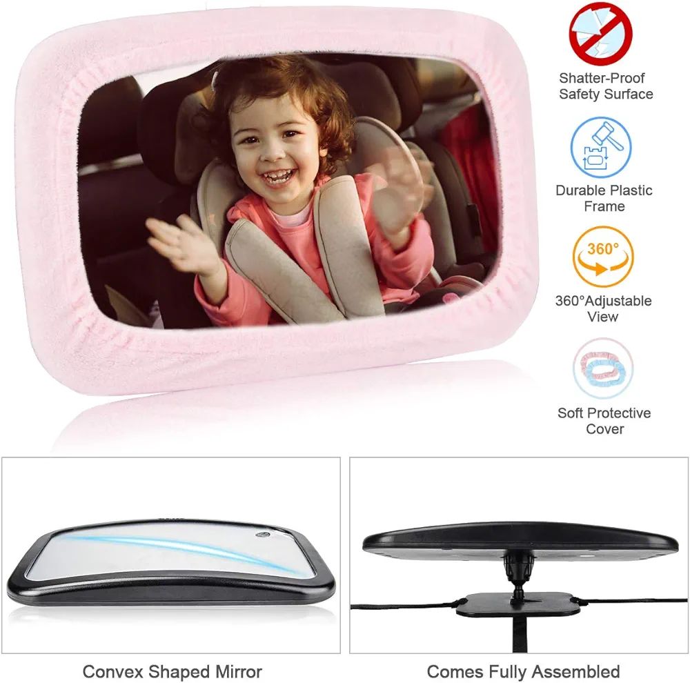 Rear Seat Mirror for Baby, Shatterproof Car Rear View Mirror for Baby Seat, Crystal Clear View, Shatterproof, Adjustable Mirror with Fabric Cover