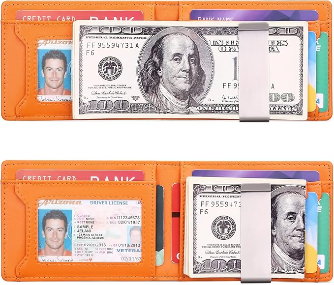 Men's Wallet with Money Clip and 7 Card Slots Slim Small Wallet Men's RFID Protection Genuine Leather Credit Card Holder, Black with orange, Fashionable