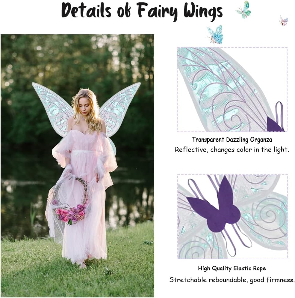 Fairy Wings with Elf Ears Flower Wreath Adult Wings Costume Children Fairy Wings for Carnival Birthday Cosplay Comic Con Party Purple, Pack of 4