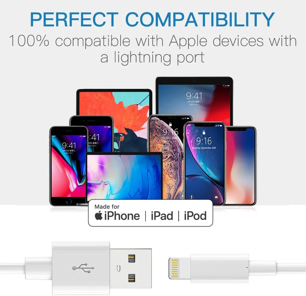 (1M, 2M, 3M Long) iPhone Charger Cable, MFi Certified Chargers for iPhone Lightning Cable, Apple Charging Cord Phone Charger for iPhone 11 Pro XS Max X XR 8 7 6s 6 Plus SE, iPad, Pack of 3, White