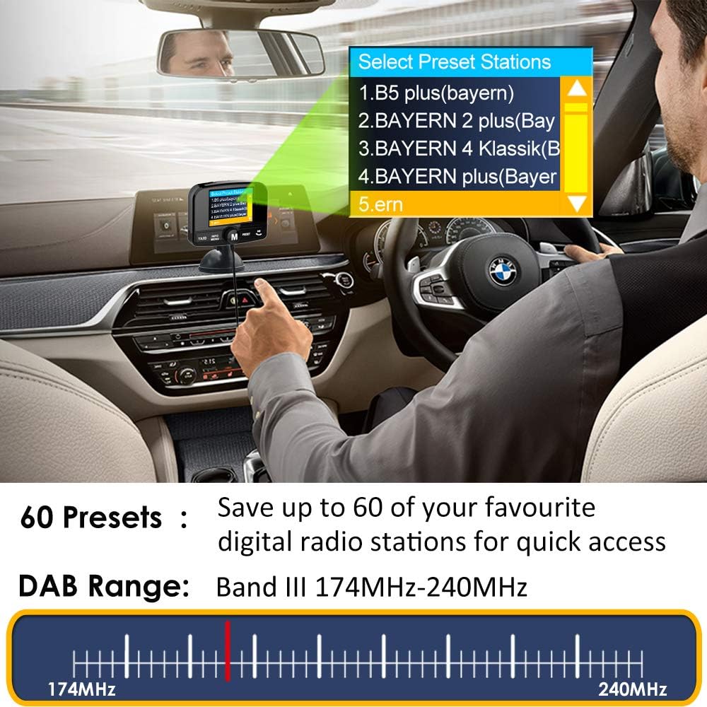 [2.4" Colorful Display] Car DAB/DAB+ Radio Adaptor, Portable DAB Digital Radio Bluetooth FM Transmitter Music Receiver+60 Presets+Handsfree Call+AUX IN/OUT+Dual USB Charge Port +U Disk/TF Card Play 64G