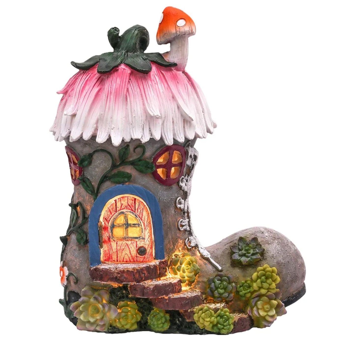 Pink Boot Fairy House Garden Ornaments with Solar Powered Lights, Waterproof Resin Garden Statue Outdoor Cottage Figurines for Patio Lawn Yard Decorations, 22.4cm, Christmas Gift