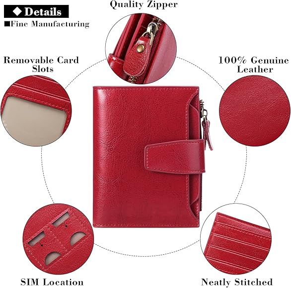 Women's Small Purse Women's Genuine Leather with 14 Card Slots RFID Blocking with Coin Pocket Small Purse, Large Red