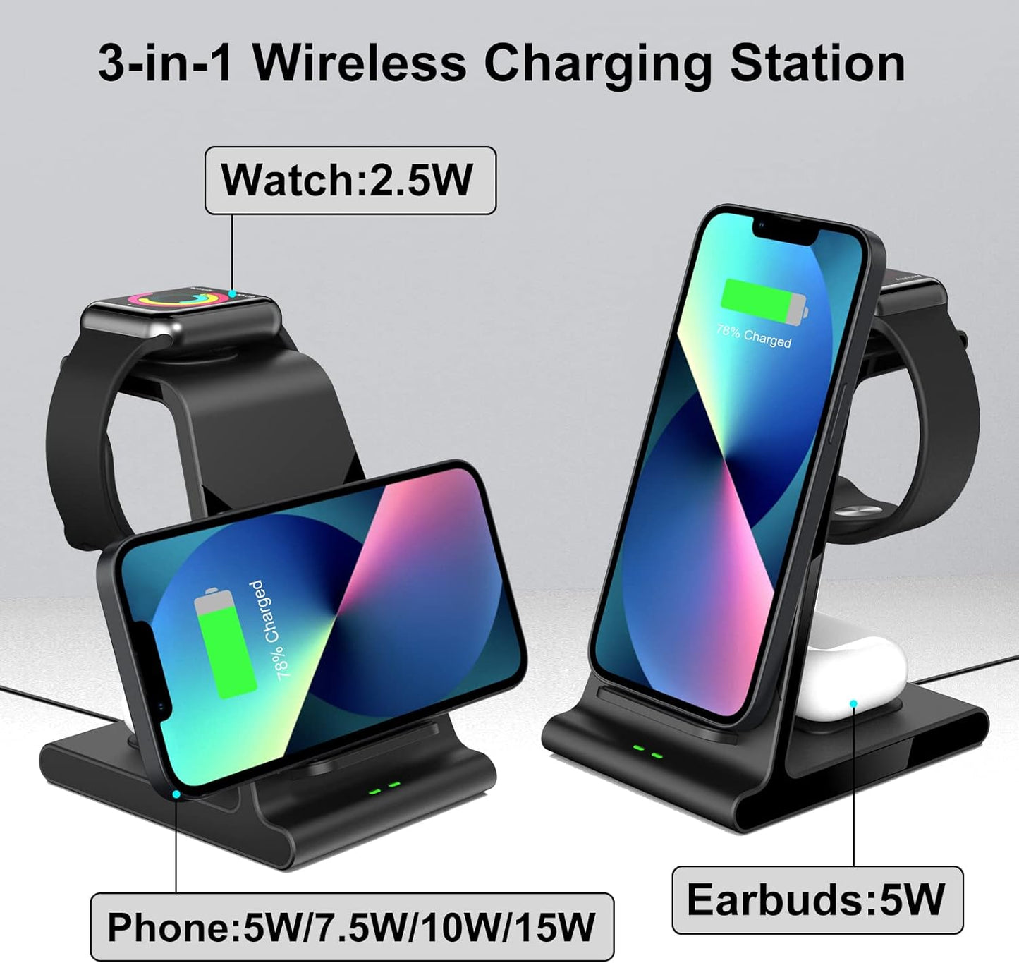 Wireless Charger, 3-in-1 Wireless Charger Inductive Charging Station with Adapter, Compatible with Airpods, Apple Watch 9 Series and for iPhone 15/14/13/12 Series, Samsung 23 (Black)