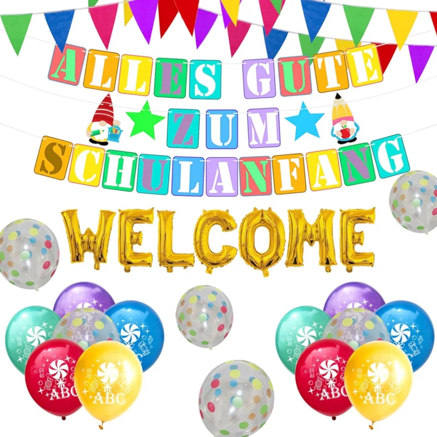 Opening Season Decoration Kit, School Entrance Decoration, Banner + 20m Triangular Banner + Welcome Balloon + 10 Colored Polka Dot Balloons + ABC Candy Pattern Balloons