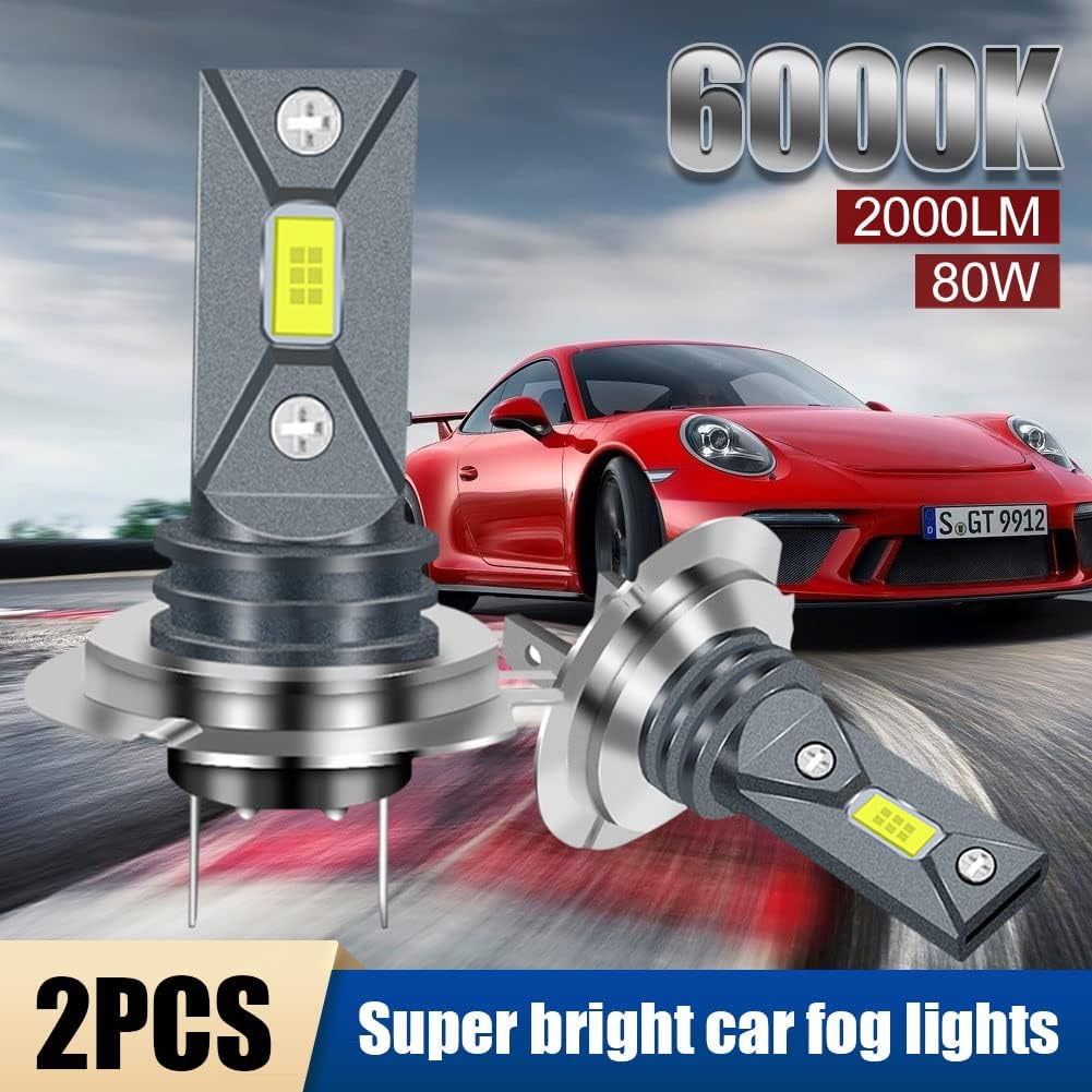 2Pcs H7 LED Bulb, 80W 4000LM 6000K White Car Motorcycle Fog Light Waterproof Extremely Bright CSP Chips Conversion Bulbs Replace for Halogen Lamps and Xenon Kit