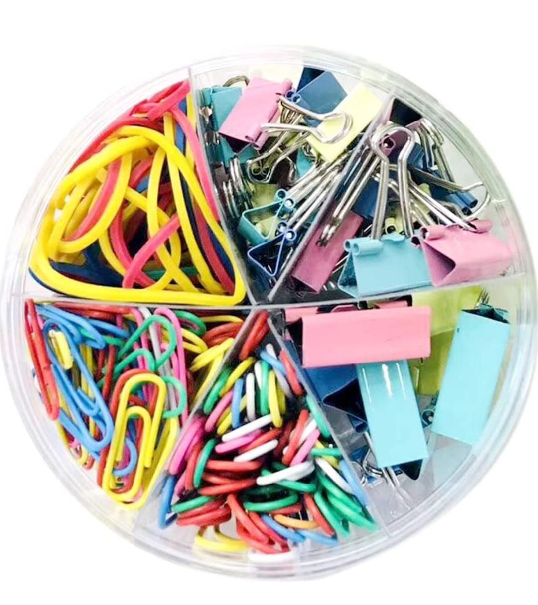 200 plus Pcs of Colorful Binder Clips,Metal Document Holders Paper Clips Assorted Sizes, Rubber Bands, Boxed Office Supplies Sets