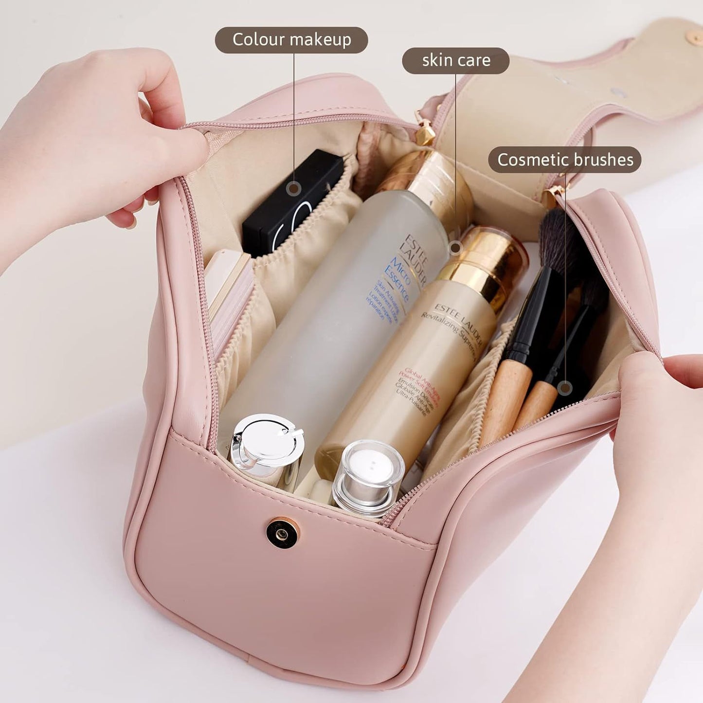 Cosmetic Bag Portable Cosmetic Bag Travel Toiletry Bag Leather Waterproof Cosmetic Travel Bag with Zip Cosmetic Portable Makeup Bag Pink, pink, portable cosmetic bag