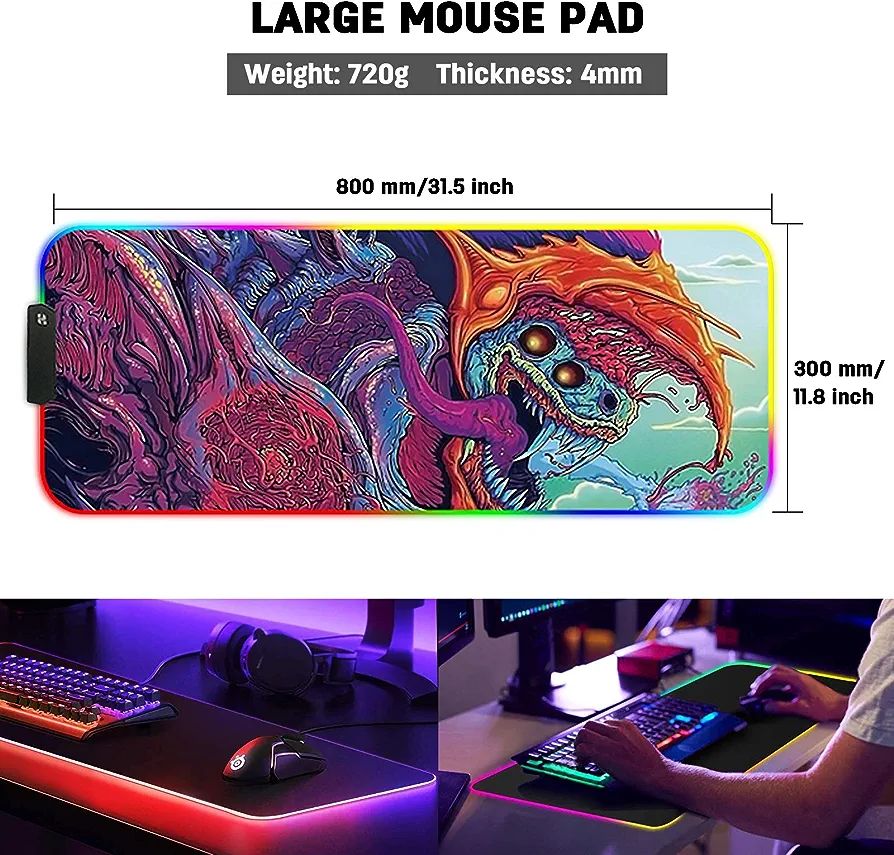 Large RGB Gaming Mouse Mat, Mouse Pads, 800x300x4 mm, Led Mousepad, Soft, Computer Keyboard, Mice, Mat for MacBook, PC, Laptop, Desk Gaming, Beast