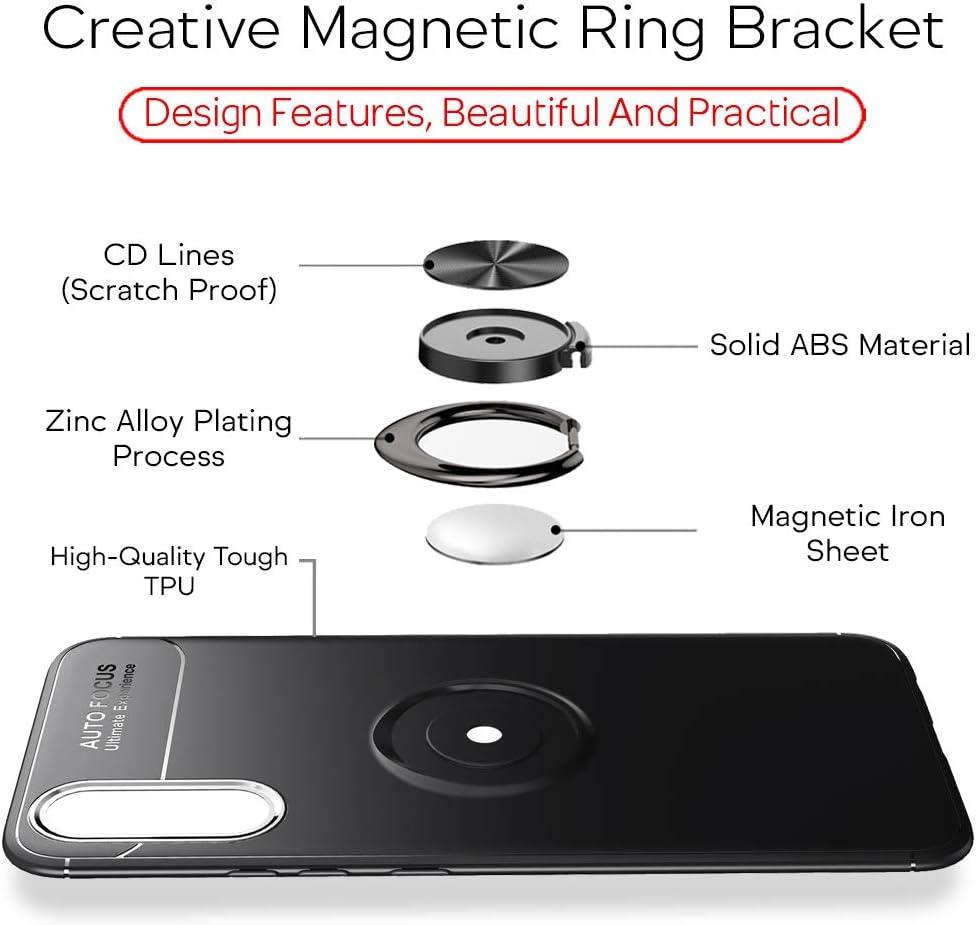 Ring Mobile Phone Case Compatible with Honor 9X Pro, Silicone Cover with 360 Degree Finger Holder for Magnetic Car Holder, Protective Phone Case, Mobile Phone Case, Bumper, Back Cover - Black