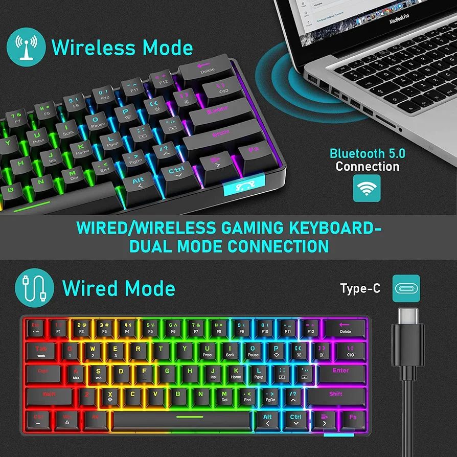 XINMENG Wireless Mechanical Keyboard, Bluetooth Wireless Keyboard, LED Backlight, Wireless Keyboard, Programmable RGB Game Keyboard, Suitable for Laptops, Macbooks, PC - Black