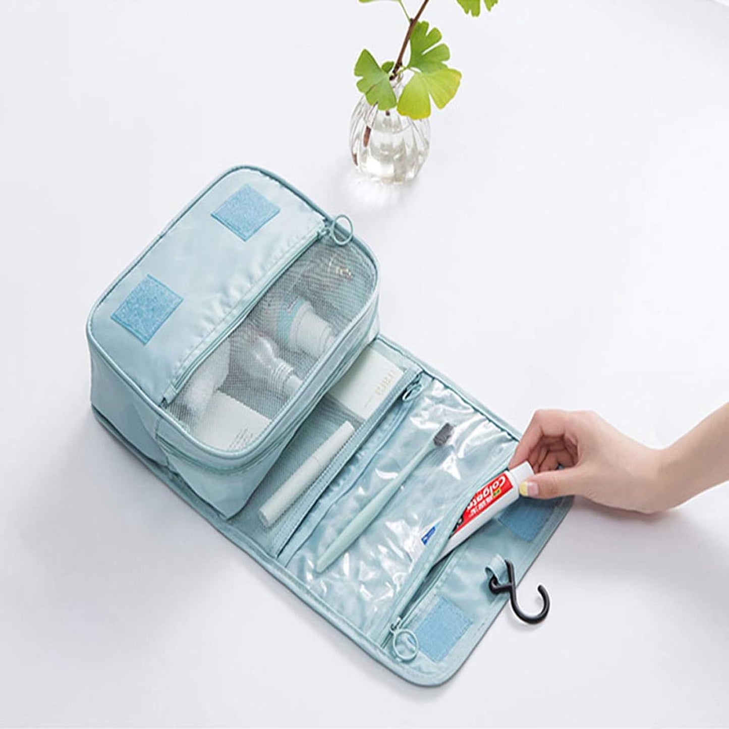 Travel Hanging Wash Bag Large Capacity Storage Bag Hook Cosmetic Bag Travel Portable Waterproof Wash Bag, Lake Blue