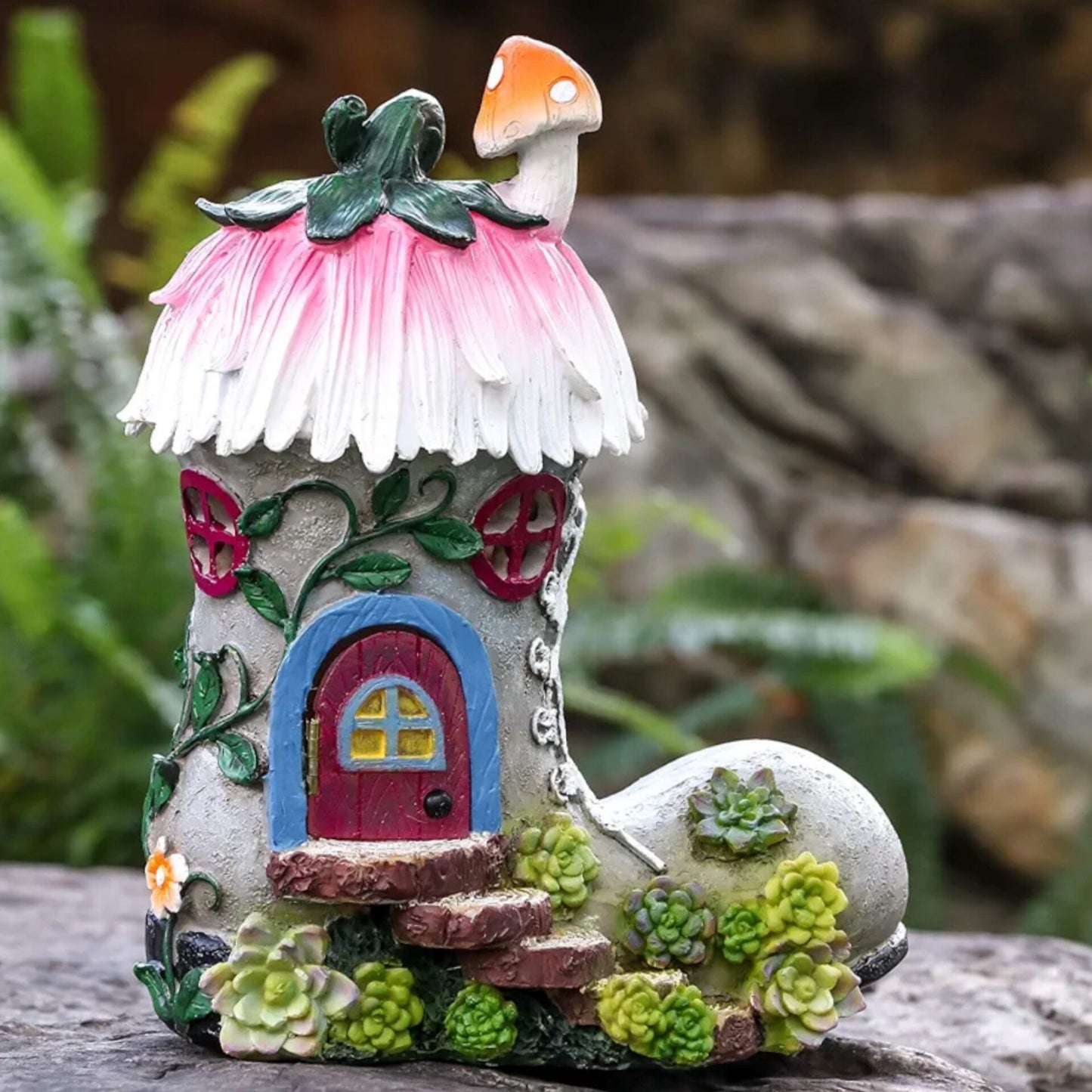 Pink Boot Fairy House Garden Ornaments with Solar Powered Lights, Waterproof Resin Garden Statue Outdoor Cottage Figurines for Patio Lawn Yard Decorations, 22.4cm, Christmas Gift