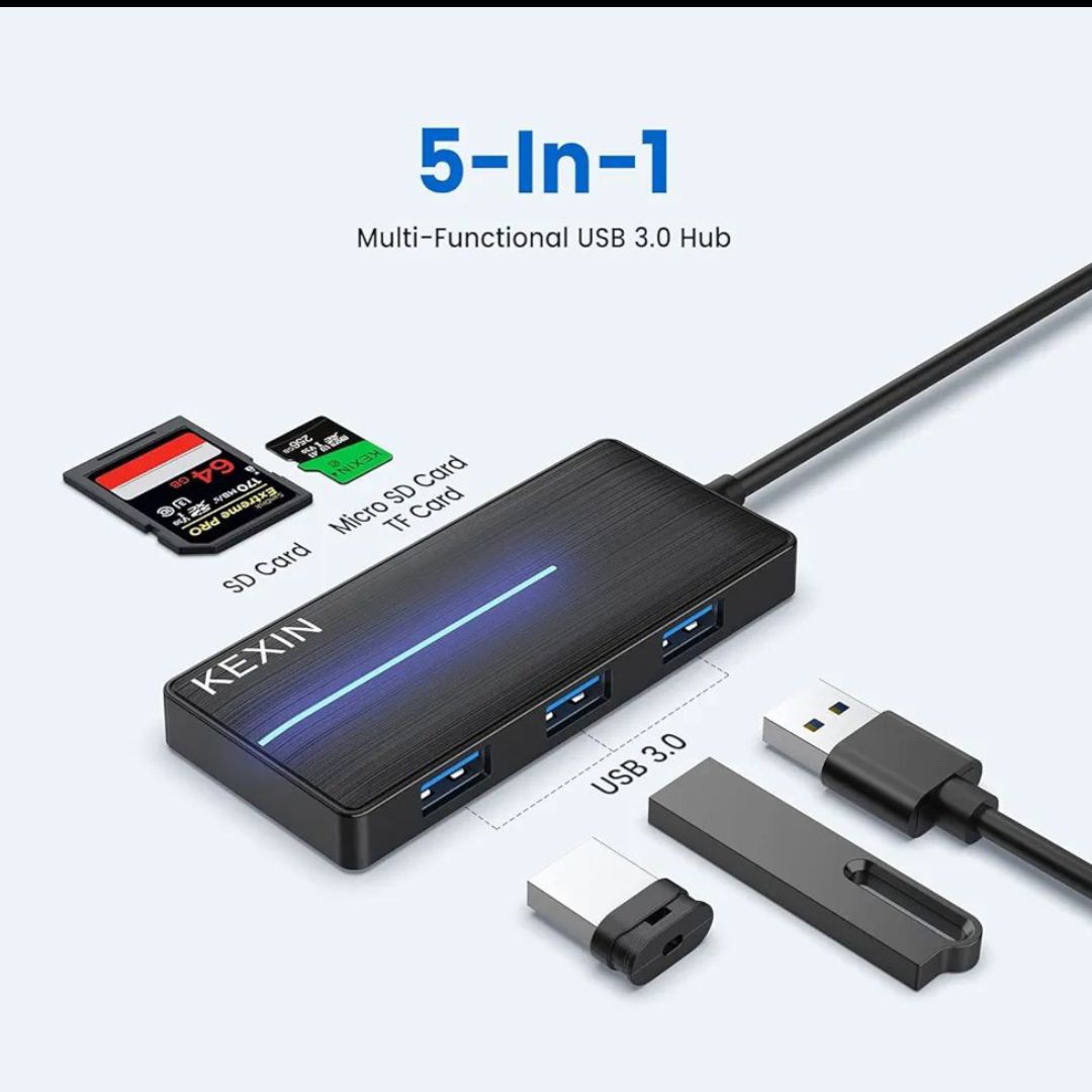 KEXIN USB Hub 3.0 Ultra Slim USB Splitter 3 USB 3.0 Port USB Multipot Adapter with Card Reader Cable USB Extender Hub for PC, Laptop, Desktop, HDD, USB Flash Drive, Keybord, Surface Pro and More