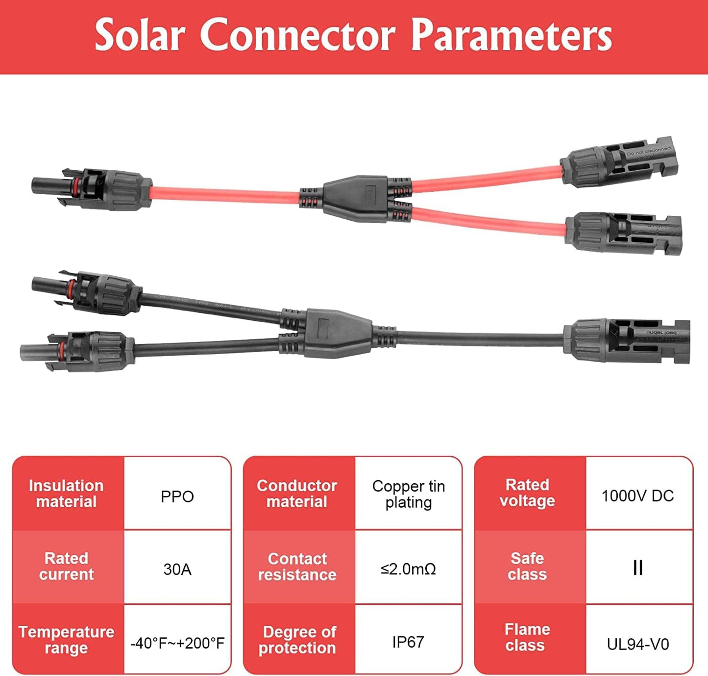 Solar Panel Cable Y-Splitter (1 to 2) Solar PV Parallel Adapter MMF+FFM Solar Cable Supports 30A High Current for Parallel Photovoltaic Connection (2 Pairs)