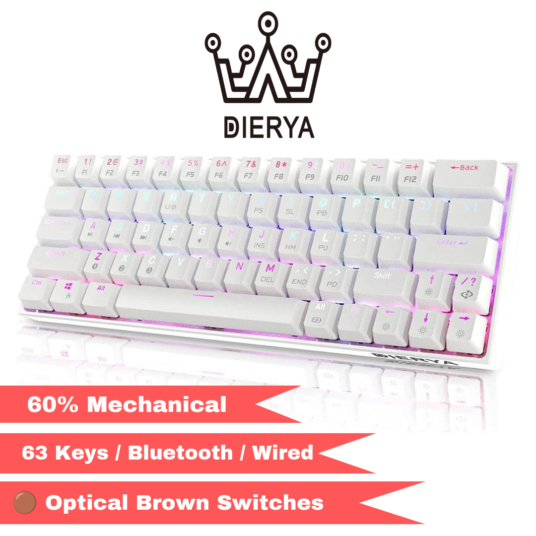 DIERYA DK63N 60% Wireless Wired Mechanical Gaming Keyboard, RGB Backlit Bluetooth Keyboard w/Arrow Keys, 63 Keys Ultra-Compact Keyboard Full Keys Programmable w/Brown Switch for Windows Laptop PC Mac