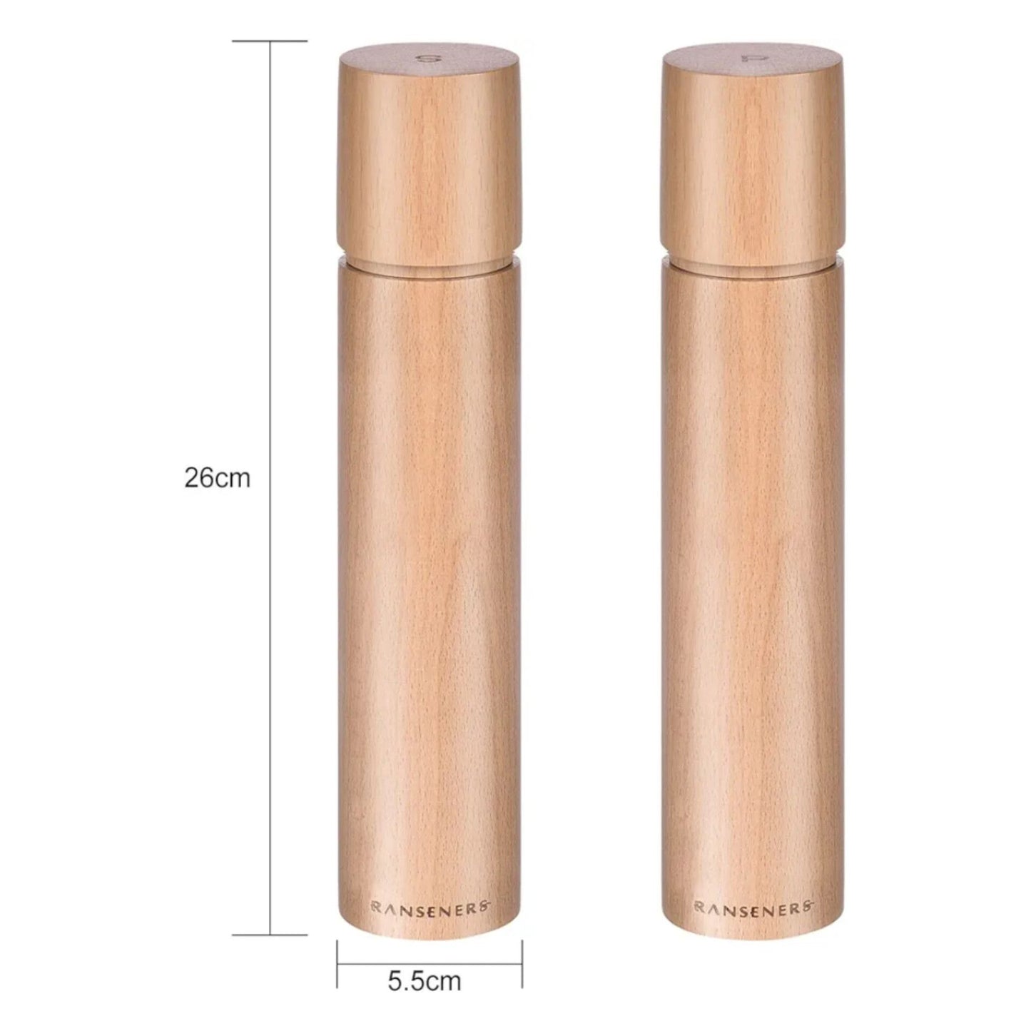 Salt and Pepper Mills Gift Set, Beech Wood, 260mm, XL Efficient Ceramic Grinder, Fineness Adjustable,