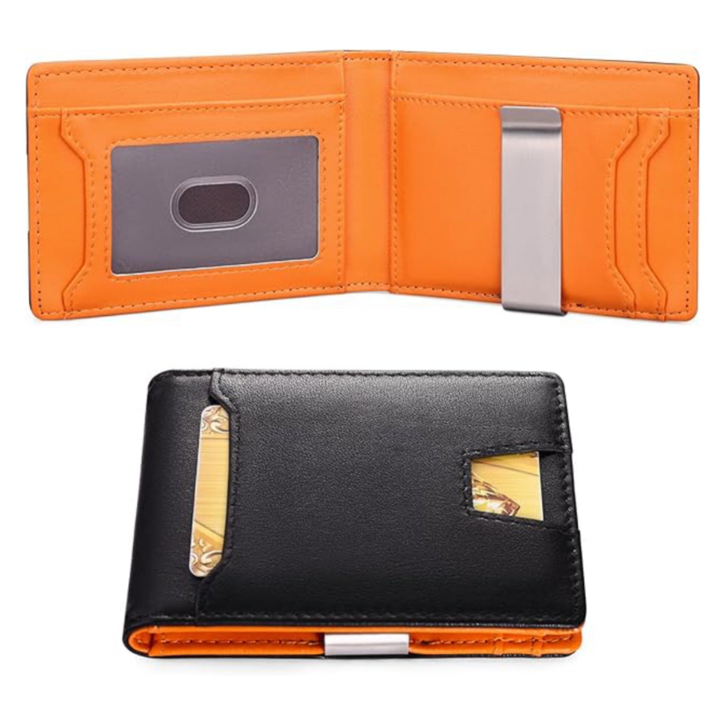 Men's Wallet with Money Clip and 7 Card Slots Slim Small Wallet Men's RFID Protection Genuine Leather Credit Card Holder, Black with orange, Fashionable