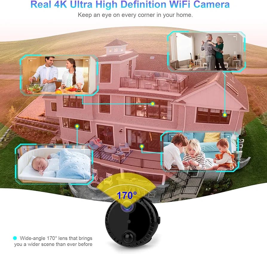 Mini Camera 4K HD IP Camera Video Call Camera Security Camera for Indoor Outdoor Use with Motion Detection and Night Vision, Remote Access