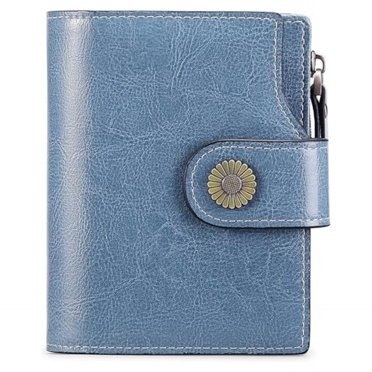 Women's Genuine Leather Bifold Compact RFID Blocking Purse Women's Purse with 16 Card Slots and 1 Zip Pocket, CC Gray Blue, Classic