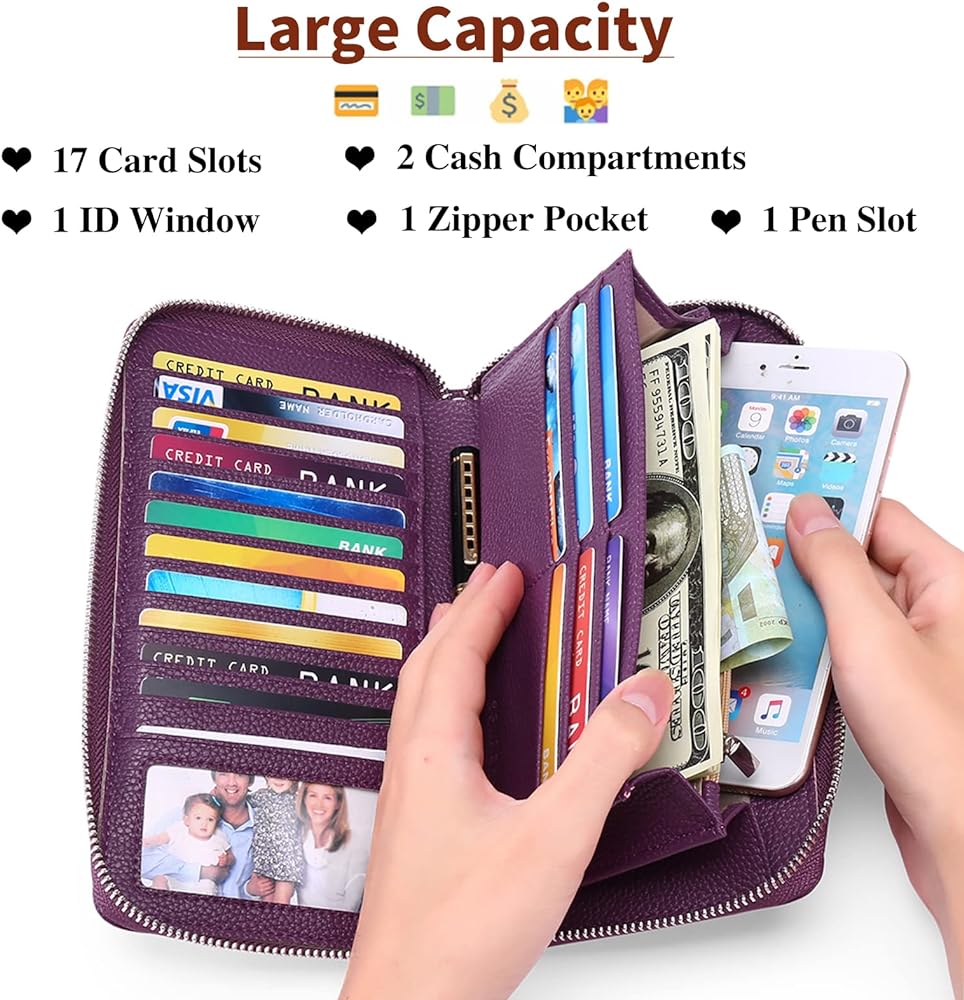 Women Leather Wallets RFID Blocking Zip Around Credit Card Holder Phone Clutch