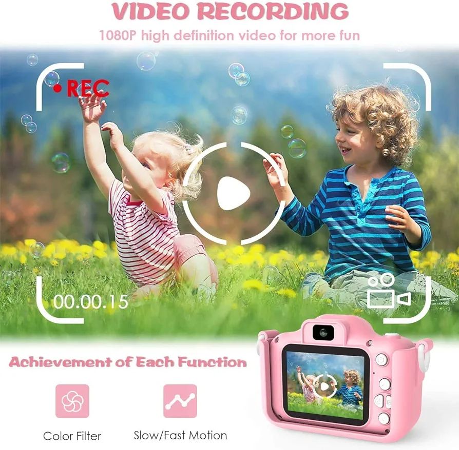 Children's Digital Camera, 20MP, 1080P HD, Double Lens, Selfie Camera, 8X Zoom, Automatic Shut-Off, 32GB TF Card, 2 Inch Children's Camera, Pink