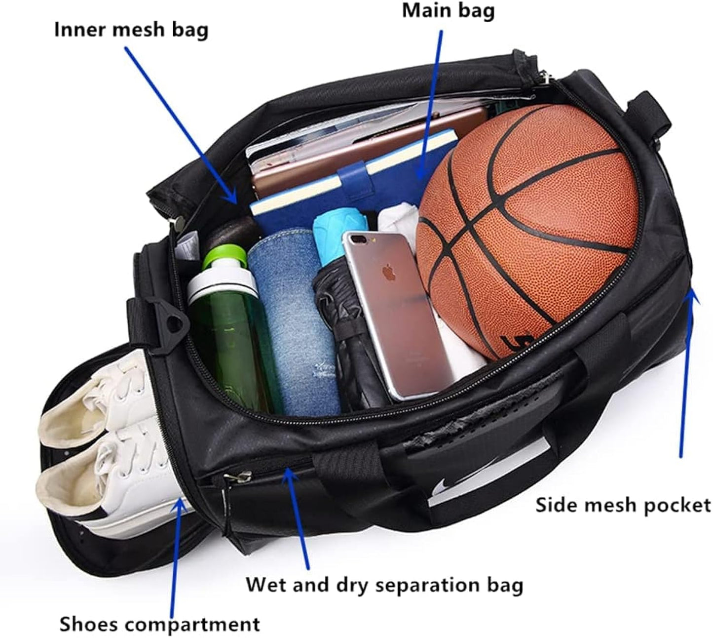 Sports Bag, Training Bag, Shoe Compartment, Wet Compartment, Large Travel Bag, Waterproof Swimming Bag, Fitness Bag, Sports Gym Fitness Shoulder Bag, Hand Luggage, Weekender Bag, Travel Bag, Men Women, Black