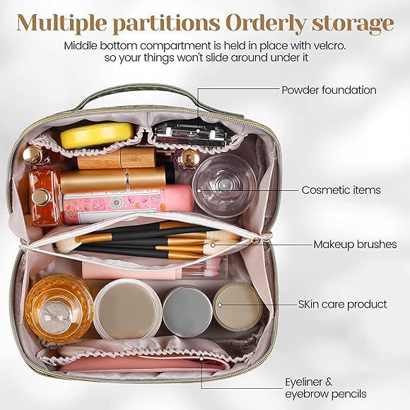 Women's Large Capacity Cosmetic Bag, Multifunctional Leather Travel Cosmetic Bag, Pencil Case, Cosmetic Travel Bag, Waterproof Travel Makeup Bag with Compartments, E-black, Fashion