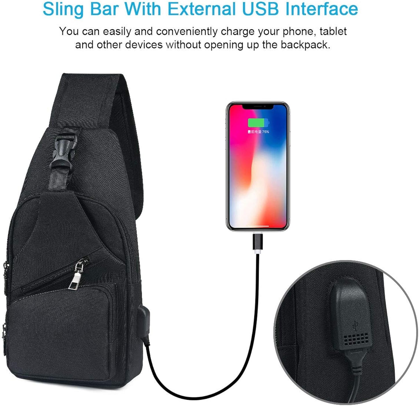 Chest Bag with USB Charging, Chest Bag Sling with Adjustable, Backpack Shoulder Bag for Men (Including 1 x USB Cable)