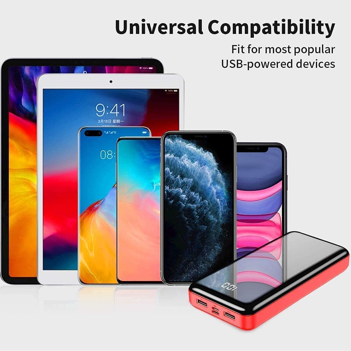 Powerbank 27000 mAh, High Capacity Power Bank with 3 Outputs and 2 Input USB Battery Pack with LED Digital Display Ultra Compact External Charger for Mobile Phones and Other