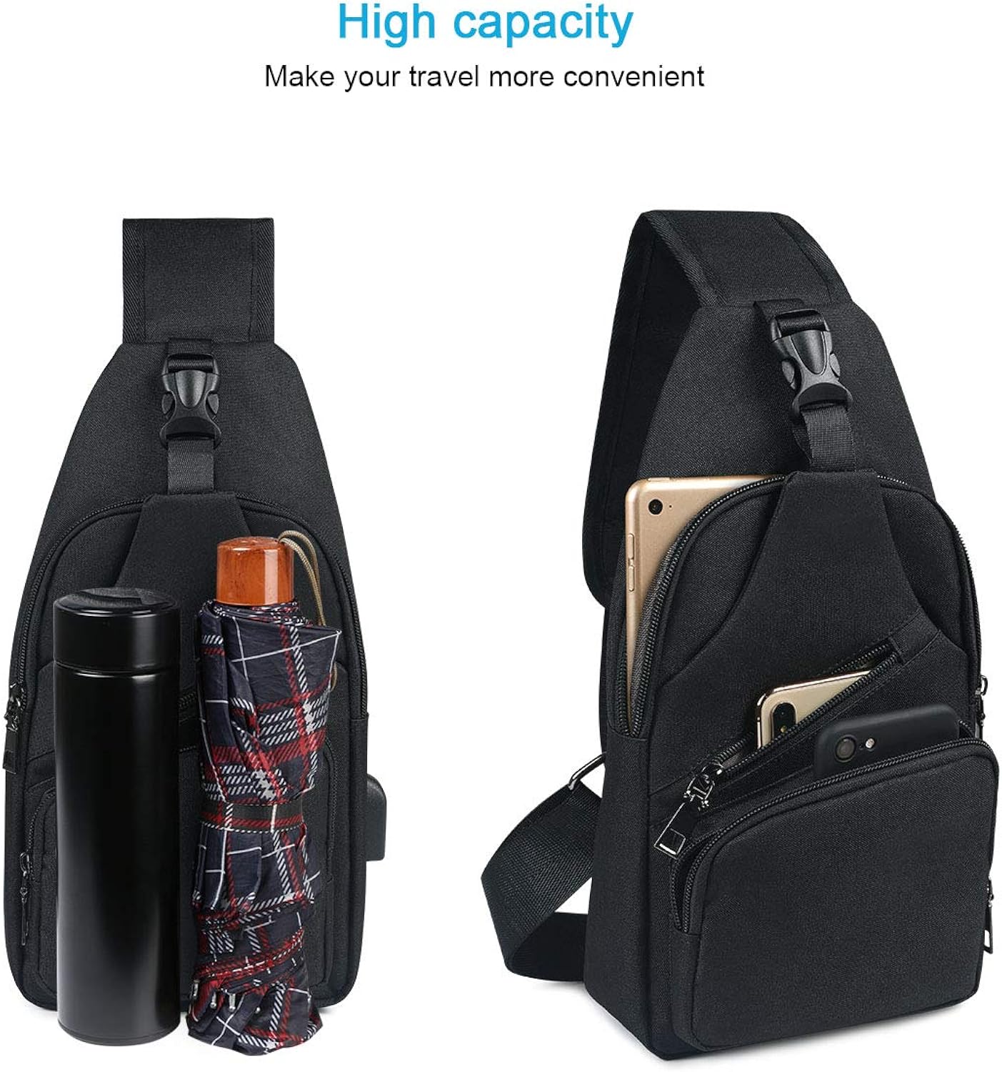 Chest Bag with USB Charging, Chest Bag Sling with Adjustable, Backpack Shoulder Bag for Men (Including 1 x USB Cable)