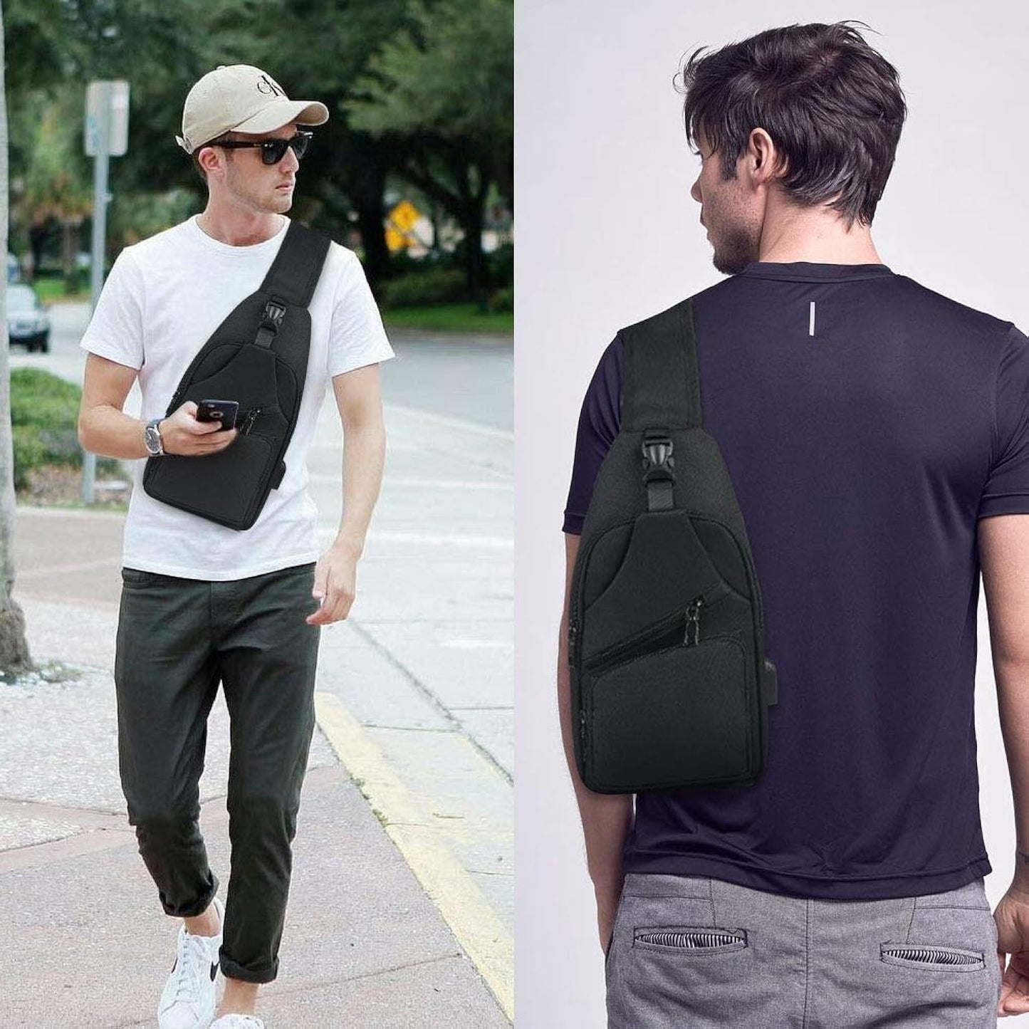 Chest Bag with USB Charging, Chest Bag Sling with Adjustable, Backpack Shoulder Bag for Men (Including 1 x USB Cable)