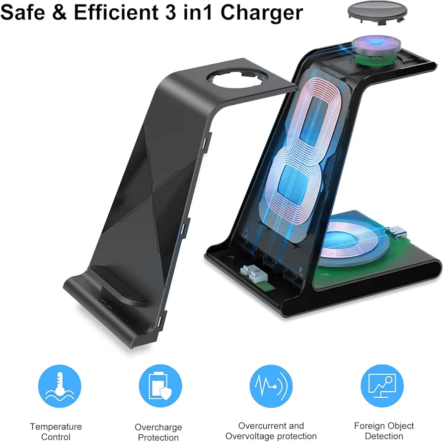 Wireless Charger, 3-in-1 Wireless Charger Inductive Charging Station with Adapter, Compatible with Airpods, Apple Watch 9 Series and for iPhone 15/14/13/12 Series, Samsung 23 (Black)