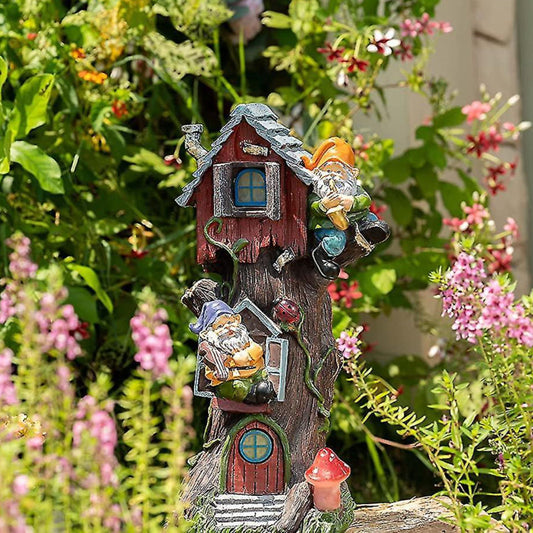 Large Solar Garden Ornaments Outdoor, Tree Fairy House With Garden Gnome Waterproof Garden Statues For Garden Gifts, 37cm Tall