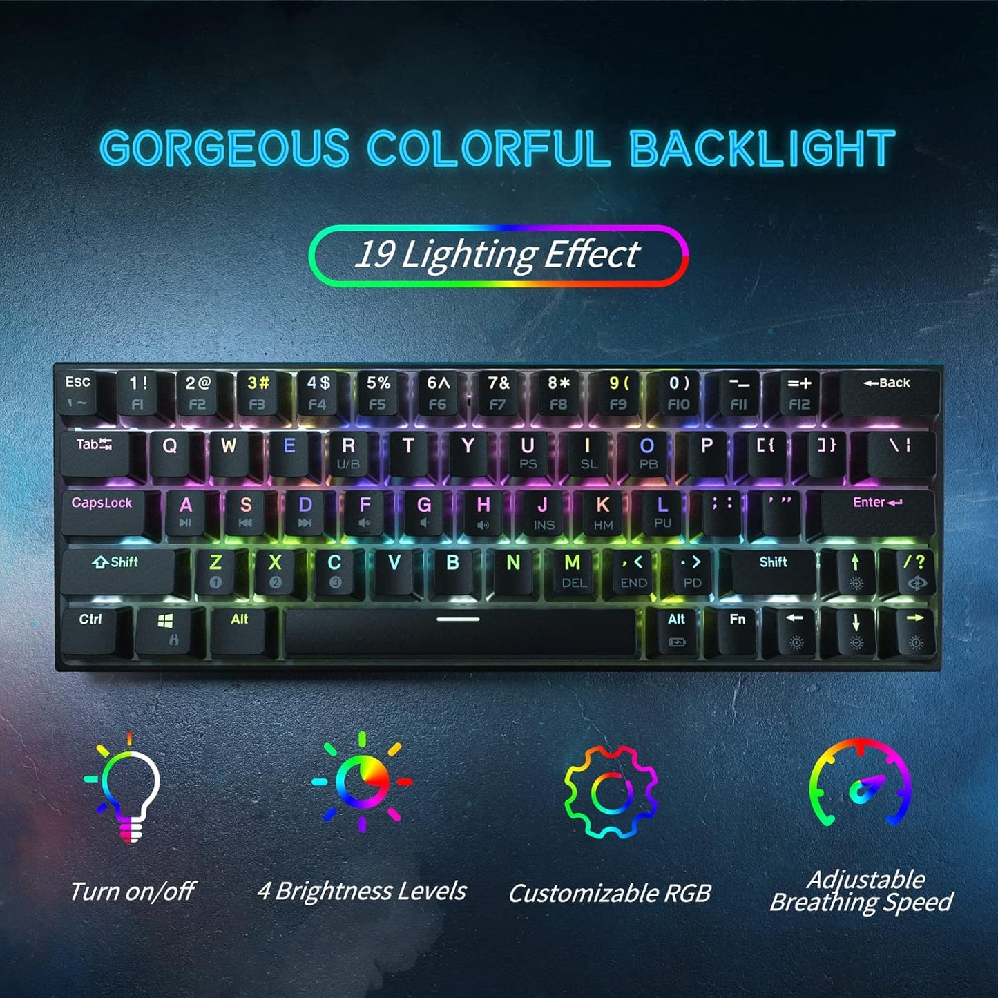 RGB Mechanical Keyboard, 63 Keys Bluetooth 4.0, LED Backlight, Wireless USB, Wired Gaming Computer Keyboard for Multiple Devices, Mobile Phone Android Mobile Phone PC Laptop