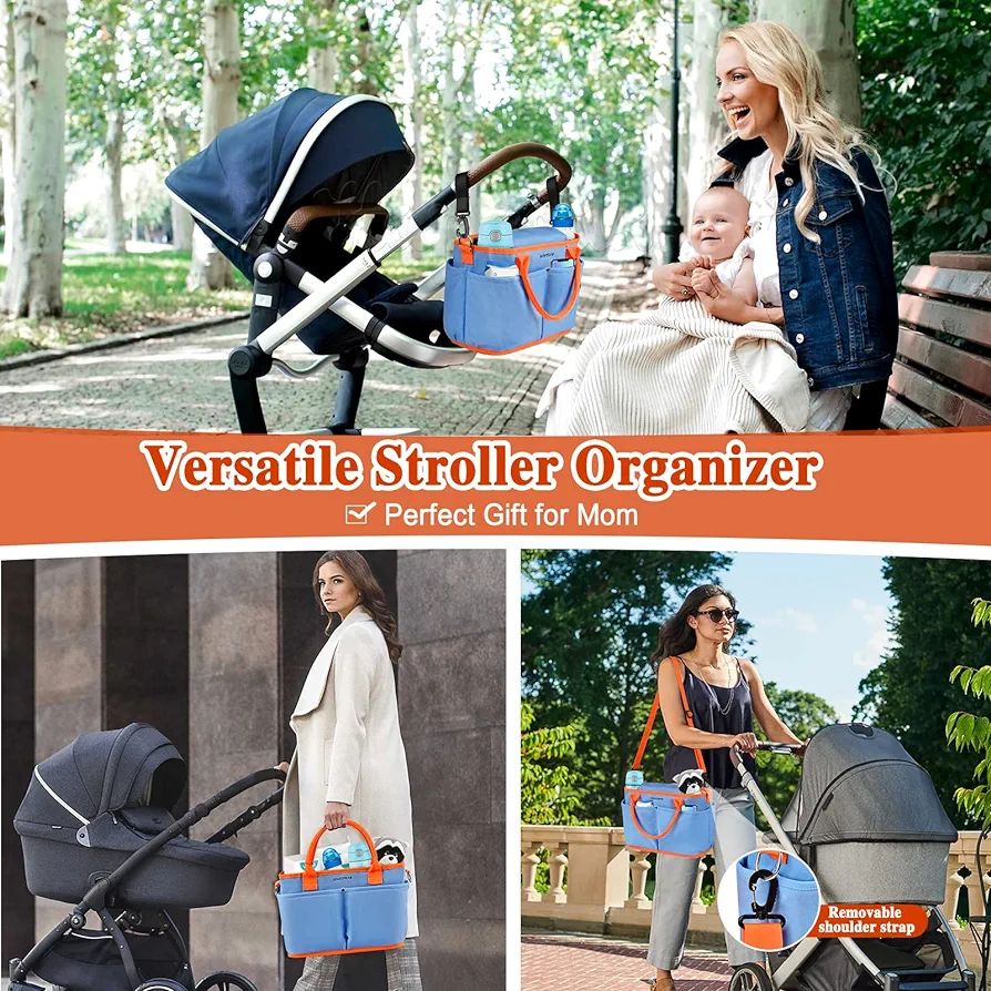 Pram Organiser with Insulated Cup Holder, Pram Bag with Removable Shoulder Strap, Children's Buggy Organiser, Pram Bag, Lockable Storage Bag, Universal Fit