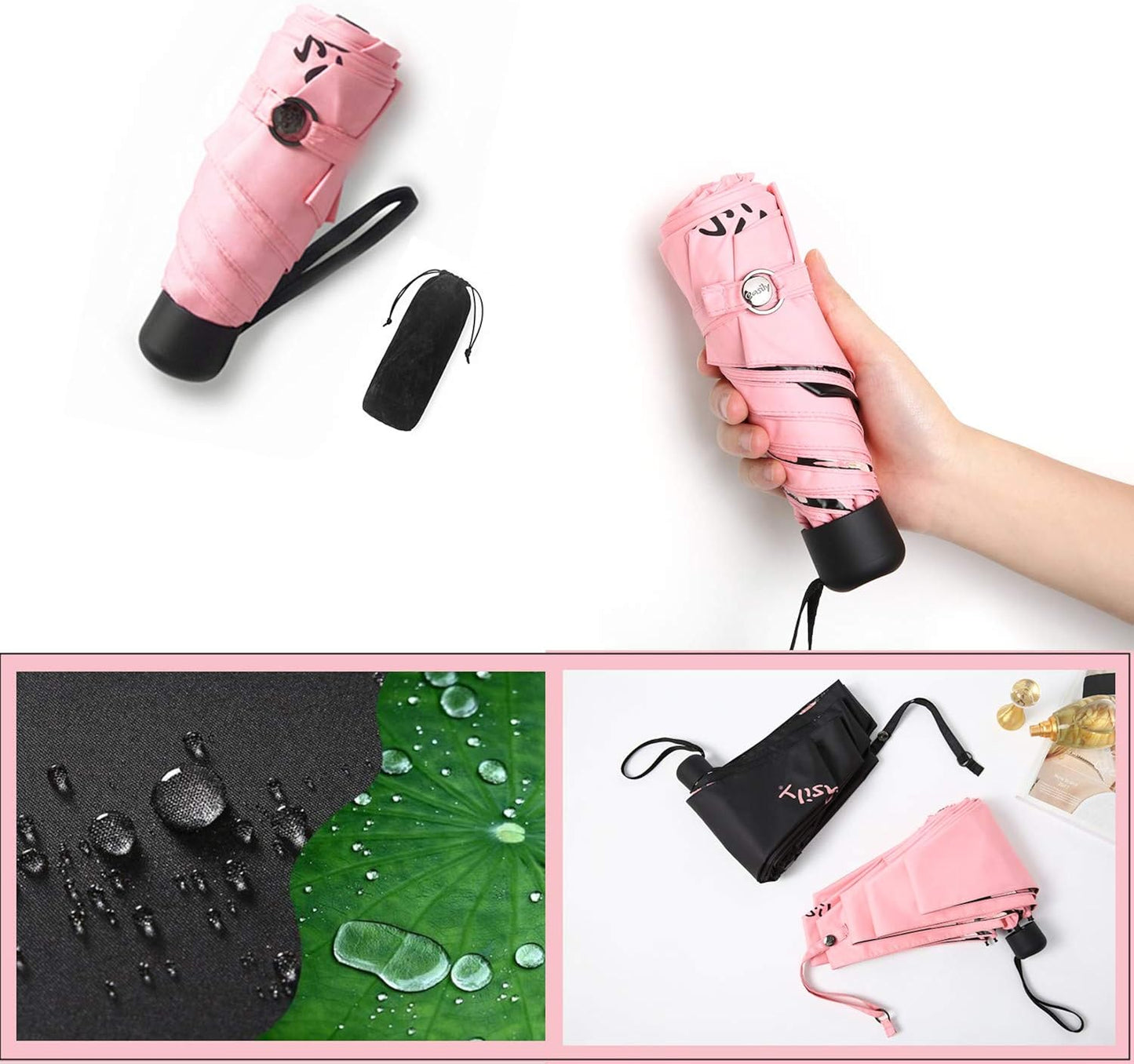 Compact Folding Umbrella with UV Protection, Portable Umbrella, Pink for girls