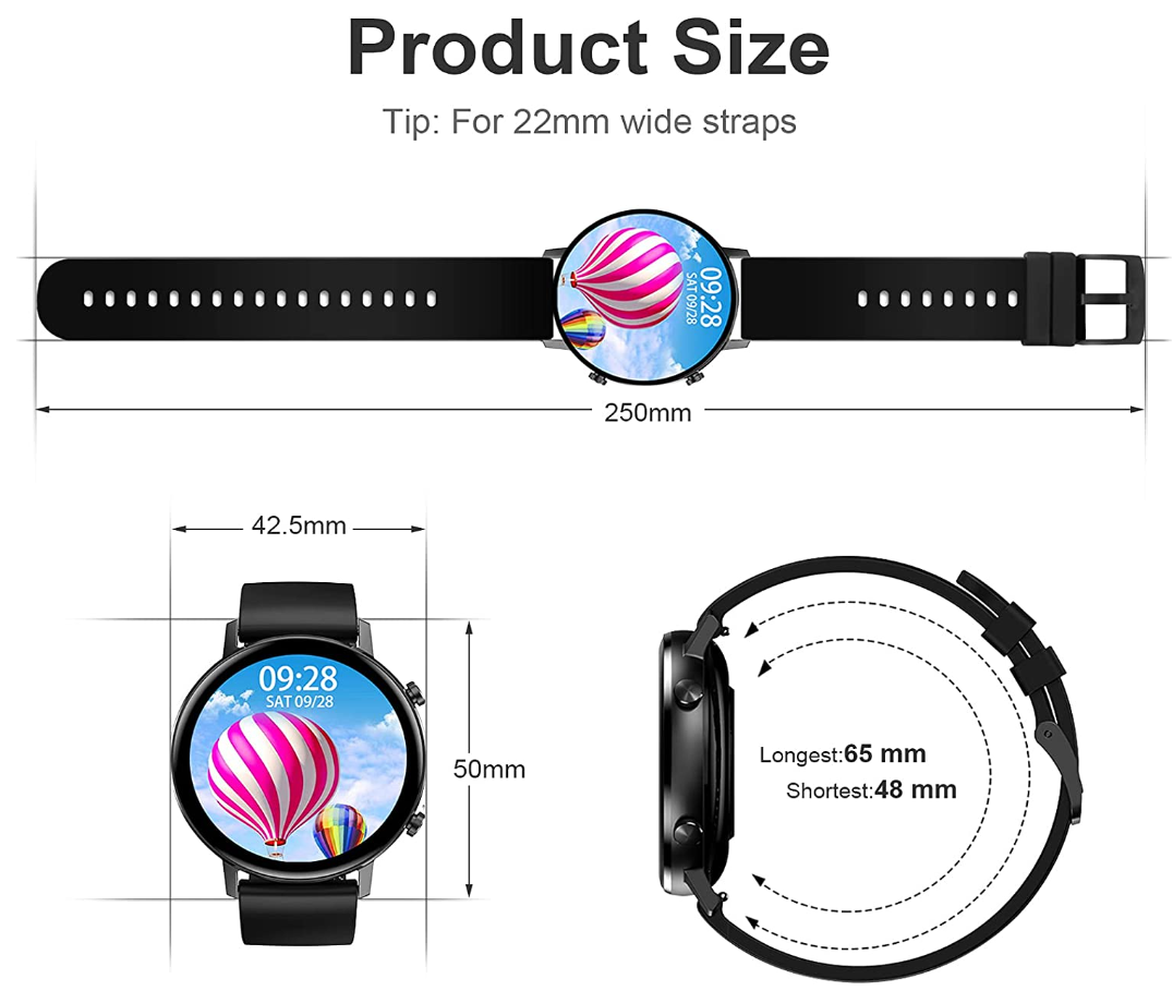 Smartwatch With 1.3 Inch HD Touch Screen by DTNO.I, IP68 Fitness Watch with Pedometer, Heart Rate Monitor, Sleep Monitor, Compatible Android/iOS (Black)